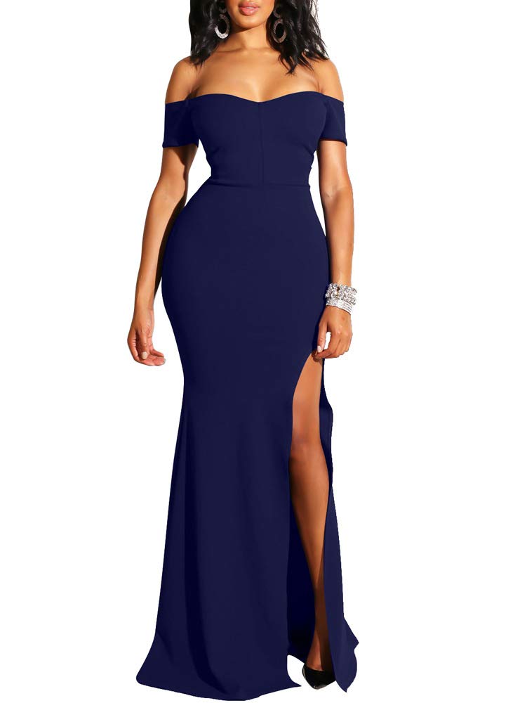 YMDUCH Women's Off Shoulder High Split Long Formal Party Dress Evening Gown Navy - Image 3